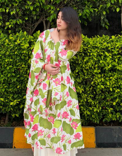 Multicoloured Printed Silk Gown Kurta With Dupatta