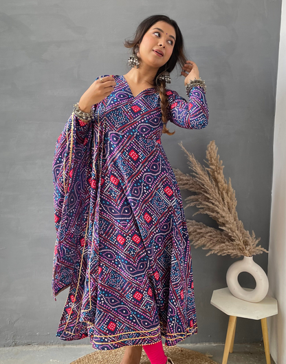 Navy Blue Printed Georgette Flared Kurta With Dupatta