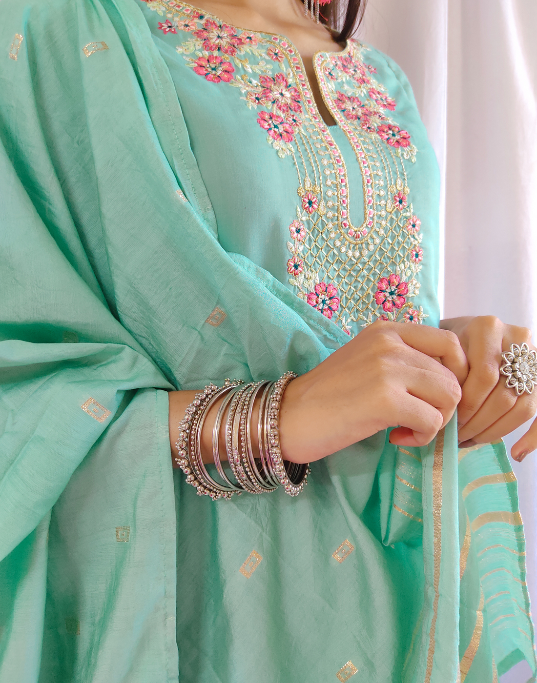 Aqua Green Silk Embroidery Kurti With Pant And Dupatta