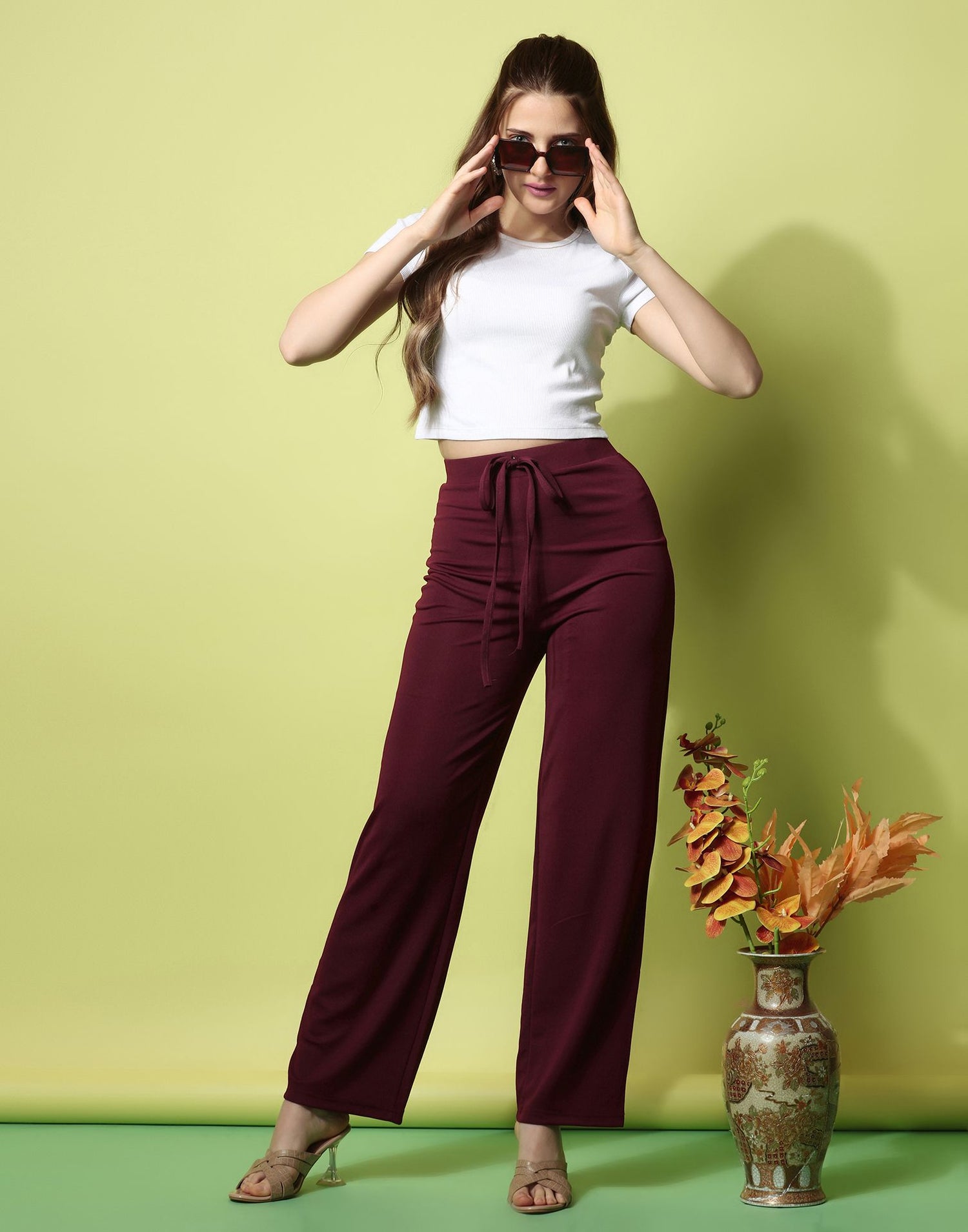 Maroon knotted Straight Fit Trouser | Leemboodi