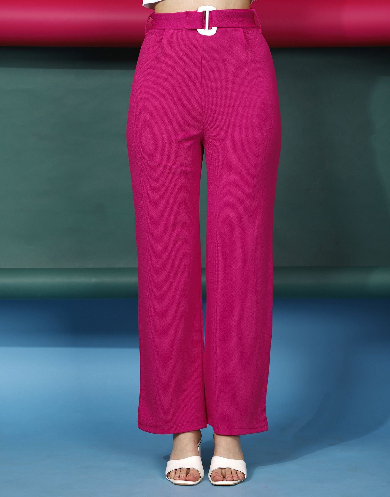 Women Solid Pink High-Rise Waist Slip-On Flared Regular Trousers - Berrylush