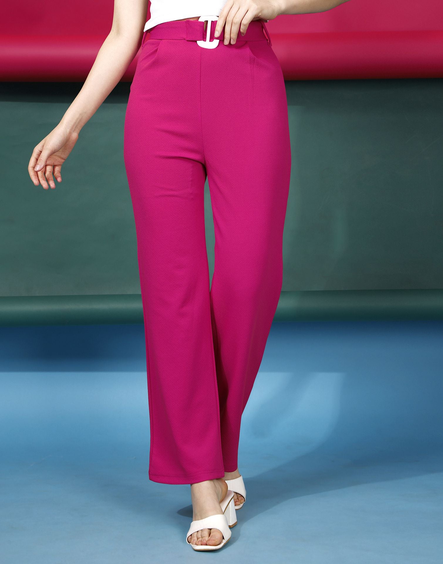 Hot Pink Plisse High Waisted Wide Leg Trousers  PrettyLittleThing