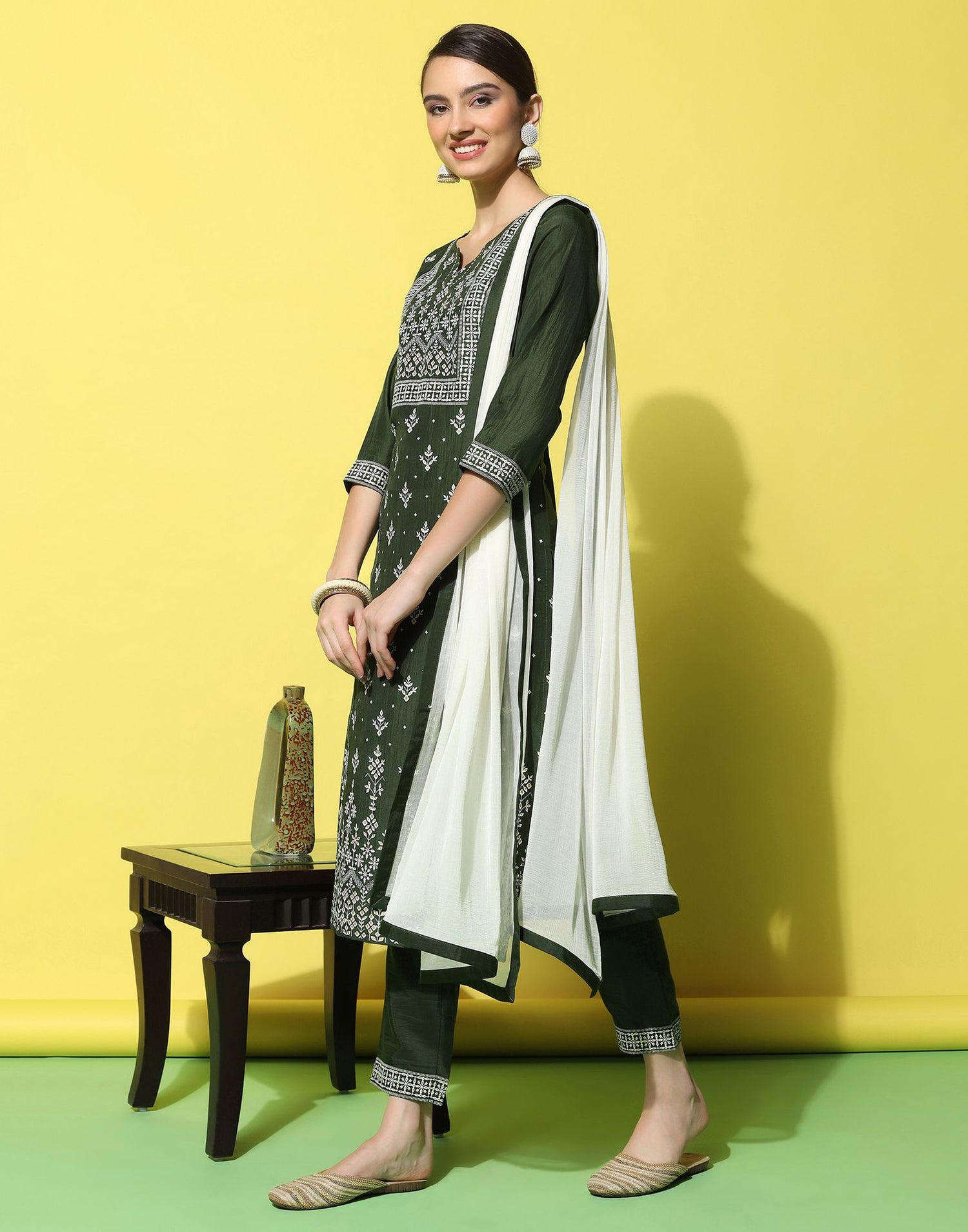 Green Chinnon Printed Straight Kurti With Pant And Dupatta | Leemboodi