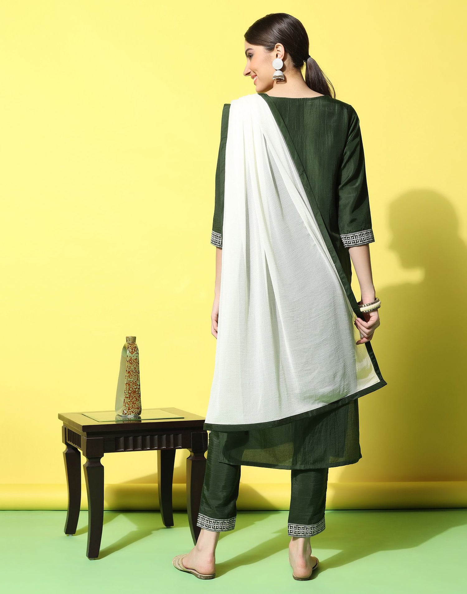 Green Chinnon Printed Straight Kurti With Pant And Dupatta | Leemboodi