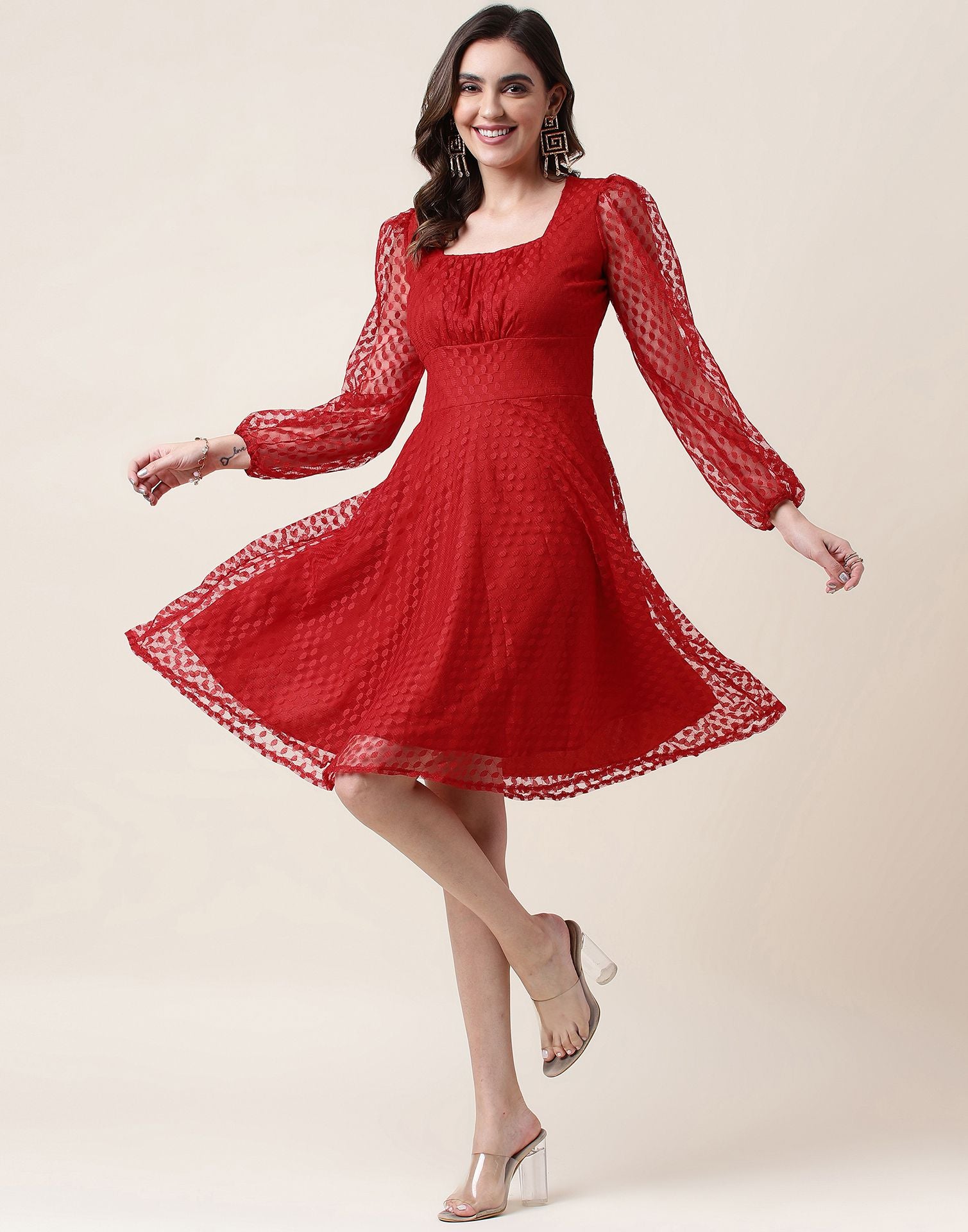 Red A-Line Plain Dress | Leemboodi