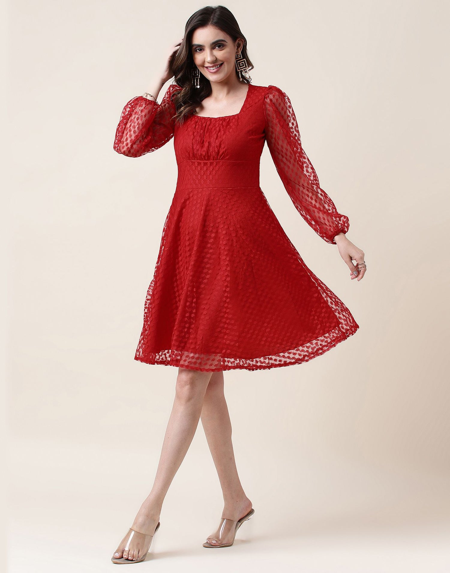 Red A-Line Plain Dress | Leemboodi