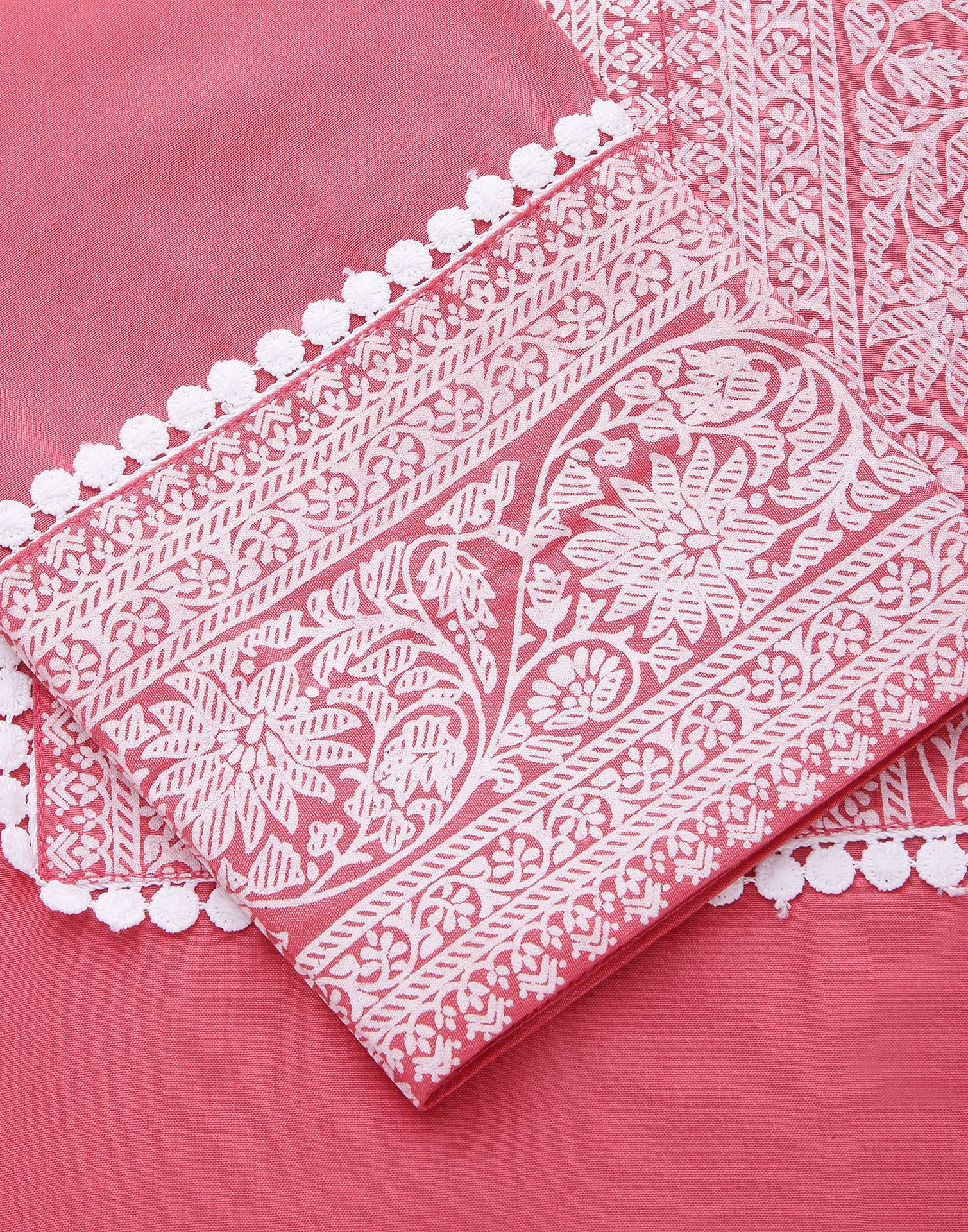 Pink Chinnon Printed Straight Kurti With Pant And Dupatta | Leemboodi