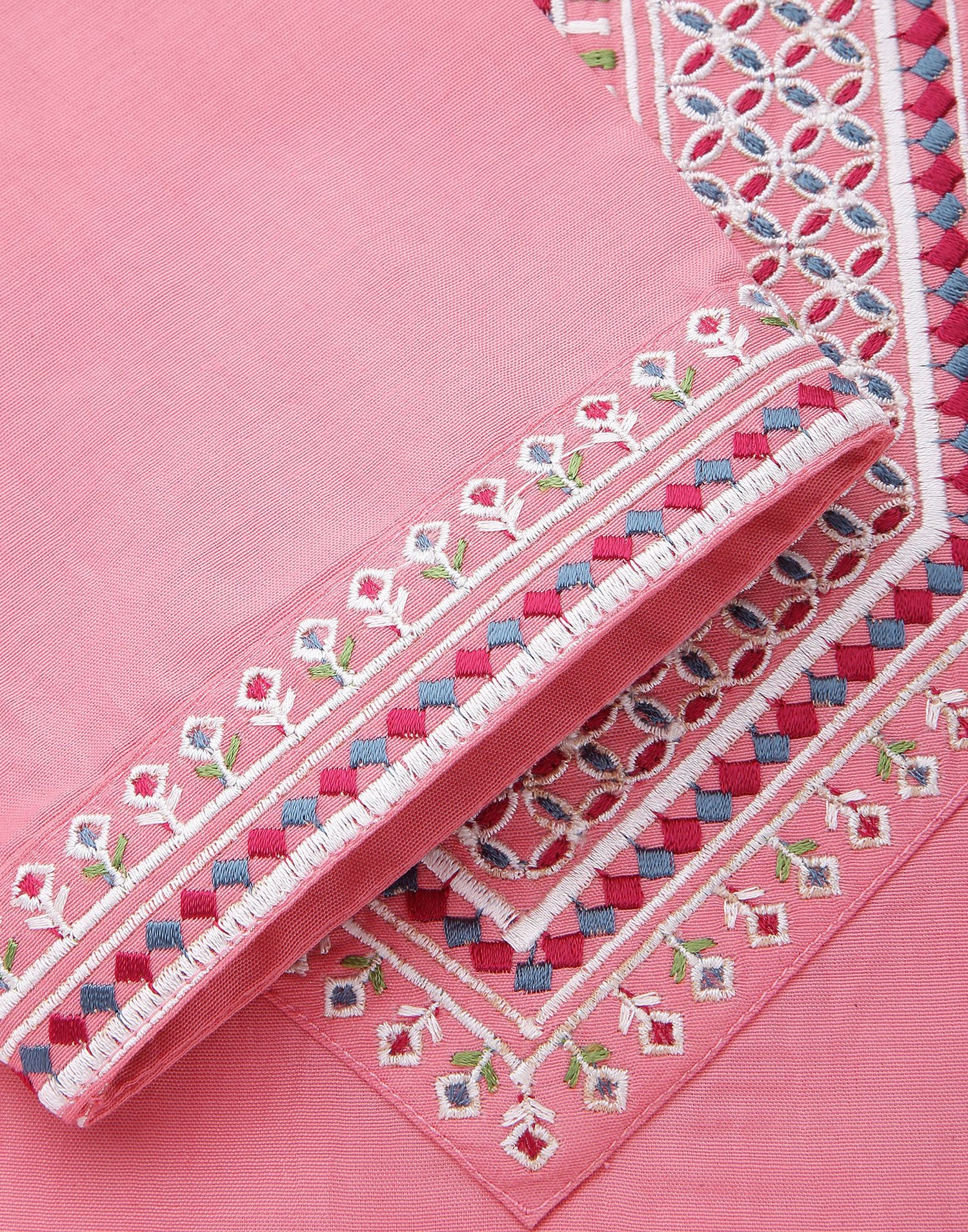 Pink Chinnon Embroidery Straight Kurti With Pant And Dupatta | Leemboodi