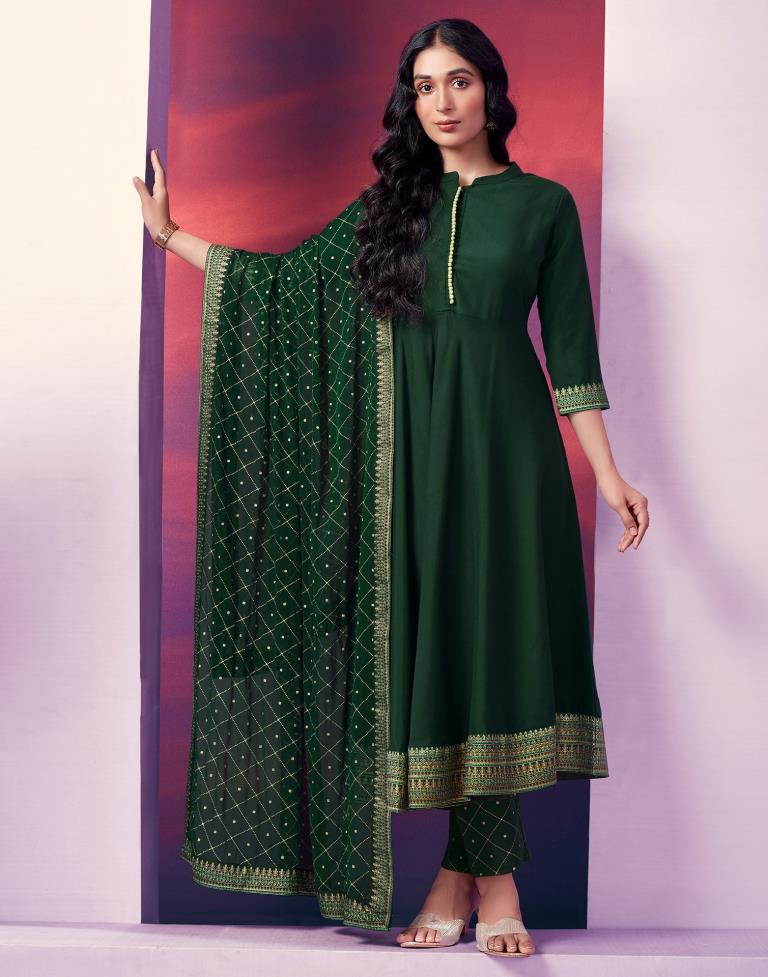 Green Printed A-Line Kurti With Pant And Dupatta