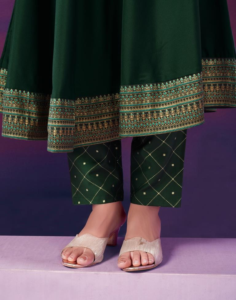 Green Printed A-Line Kurti With Pant And Dupatta