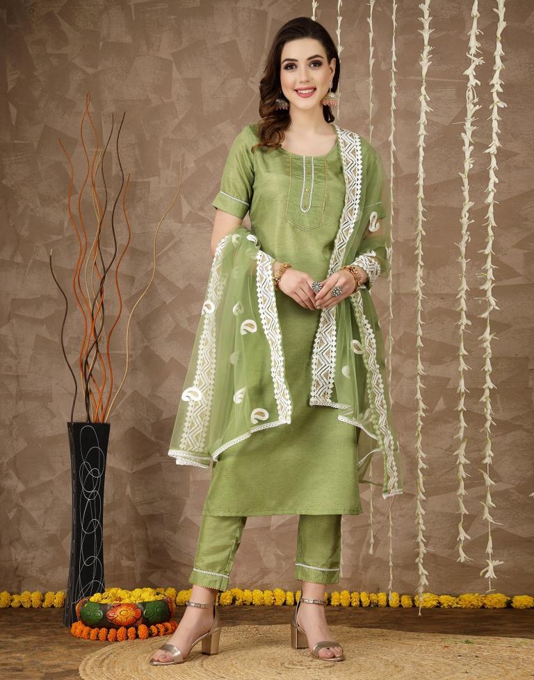Mehndi Green Silk Plain Straight Kurta With Pant And Dupatta