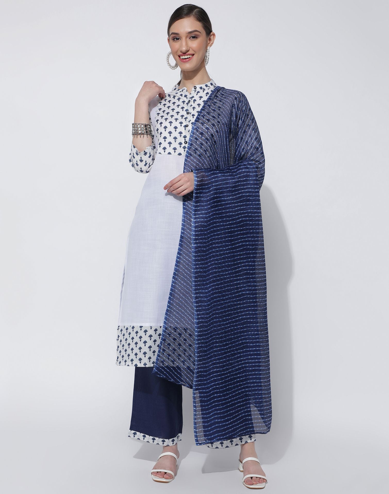 WHITE SELF AND PRINTED GEORGETTE LONG GATHERED KURTI WITH PANT PLAZO SET -  PS The Design House
