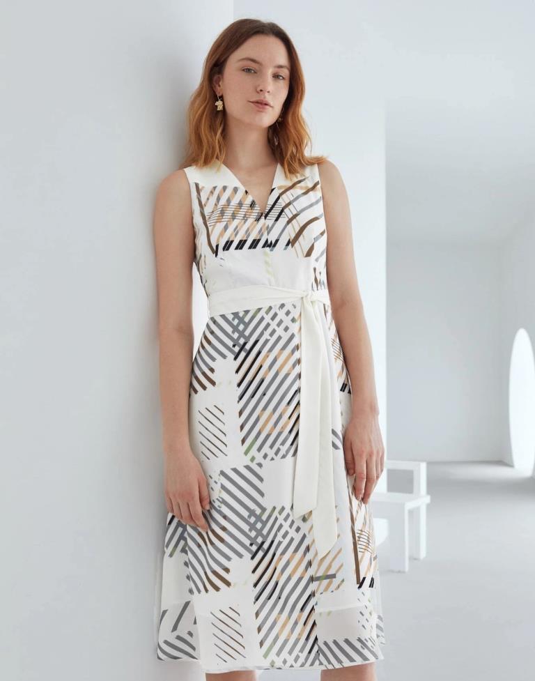 White Polyester Printed Flared Dress