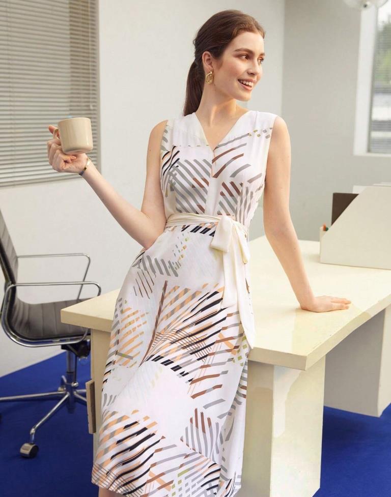 White Polyester Printed Flared Dress