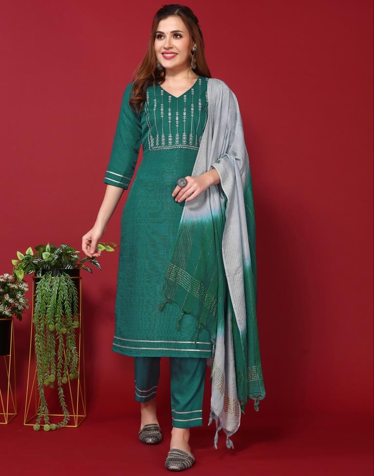 Rama Green Silk Embroidery Straight Kurta Kurti With Pant And Dupatta | Leemboodi