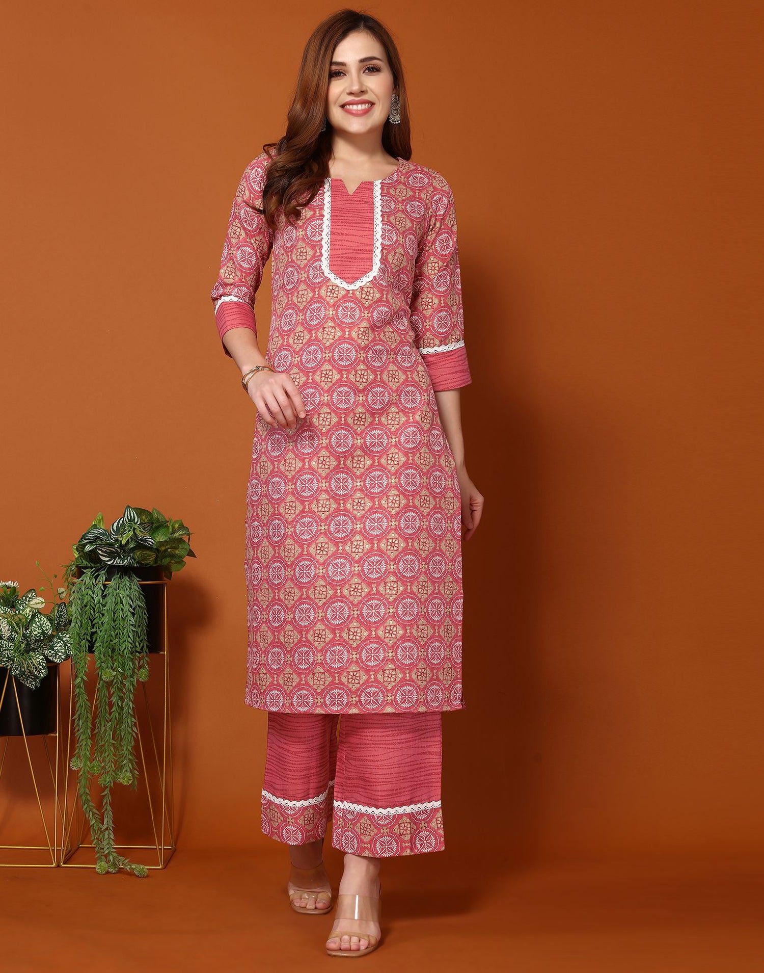 Pink Printed Cotton Straight Kurta With Pant And Dupatta | Leemboodi