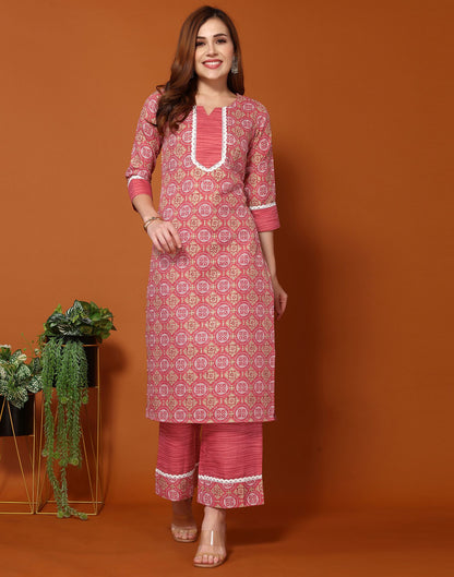 Pink Printed Cotton Straight Kurta With Pant And Dupatta | Leemboodi