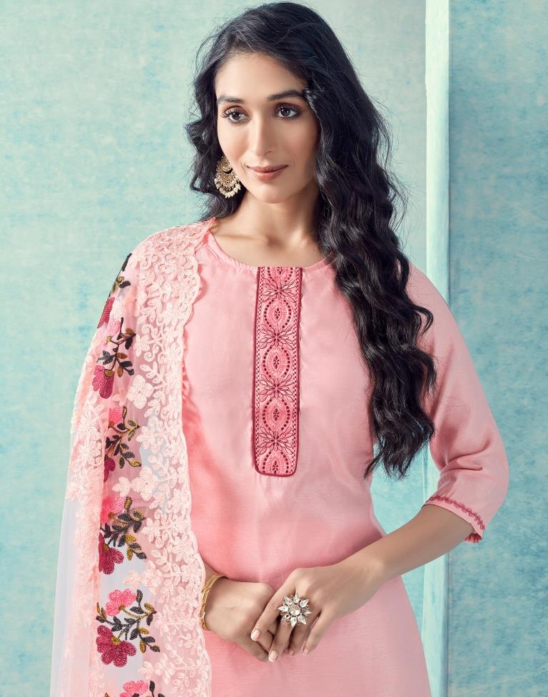 Light Pink Embroidered Kurta With Pant And Dupatta