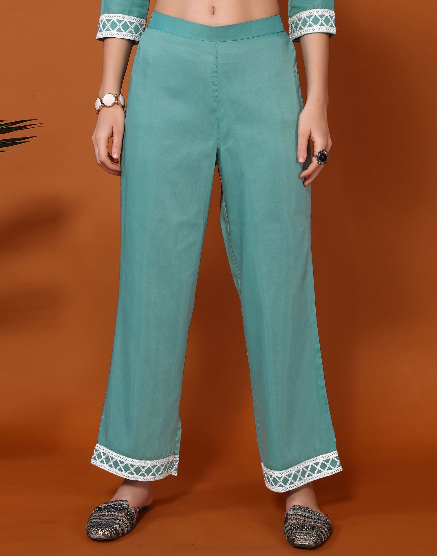 Turquoise Plain Chinnon Straight Kurta With Pant And Dupatta