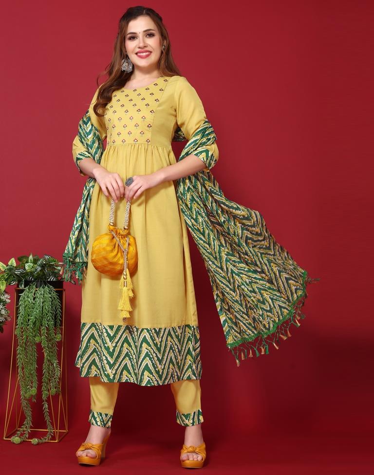 Yellow Chinnon Embroidery A-Line Kurta With Pant And Dupatta