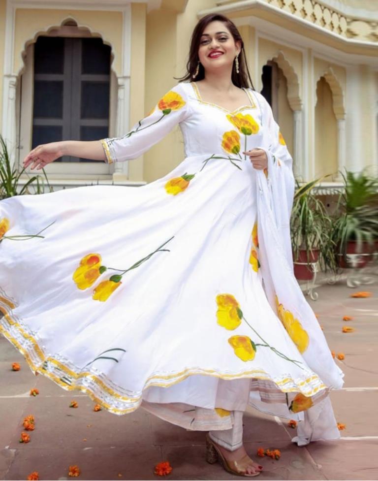 White Printed Silk Gown Kurta With Pant And Dupatta