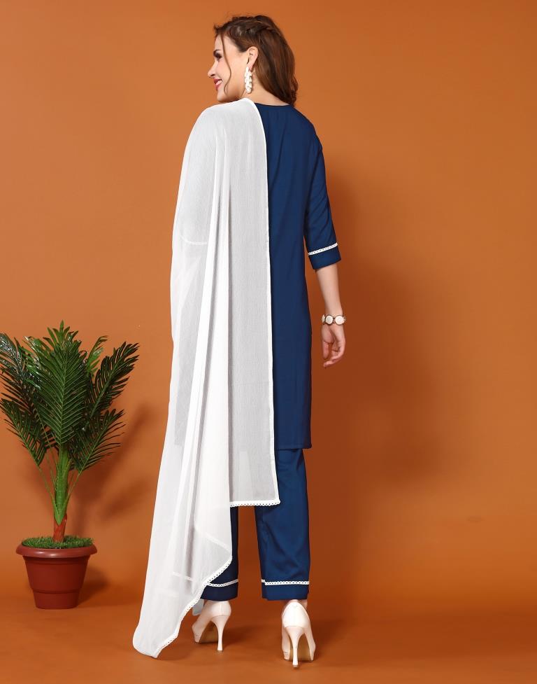 Navy Blue Embroidery Chinnon Straight kurta With Pant And Dupatta