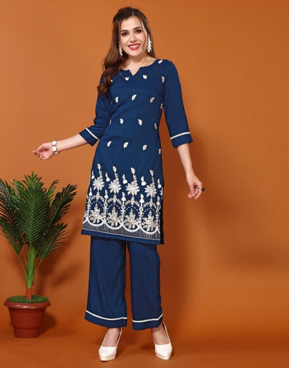 Navy Blue Embroidery Chinnon Straight kurta With Pant And Dupatta