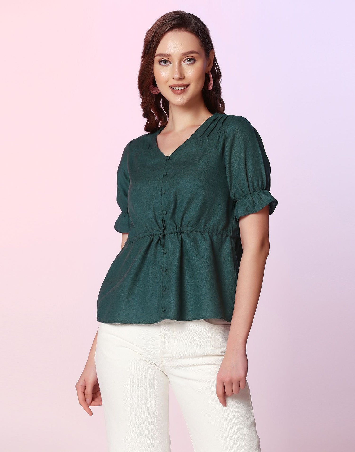 Bottle Green Plain Cotton Tunic Top