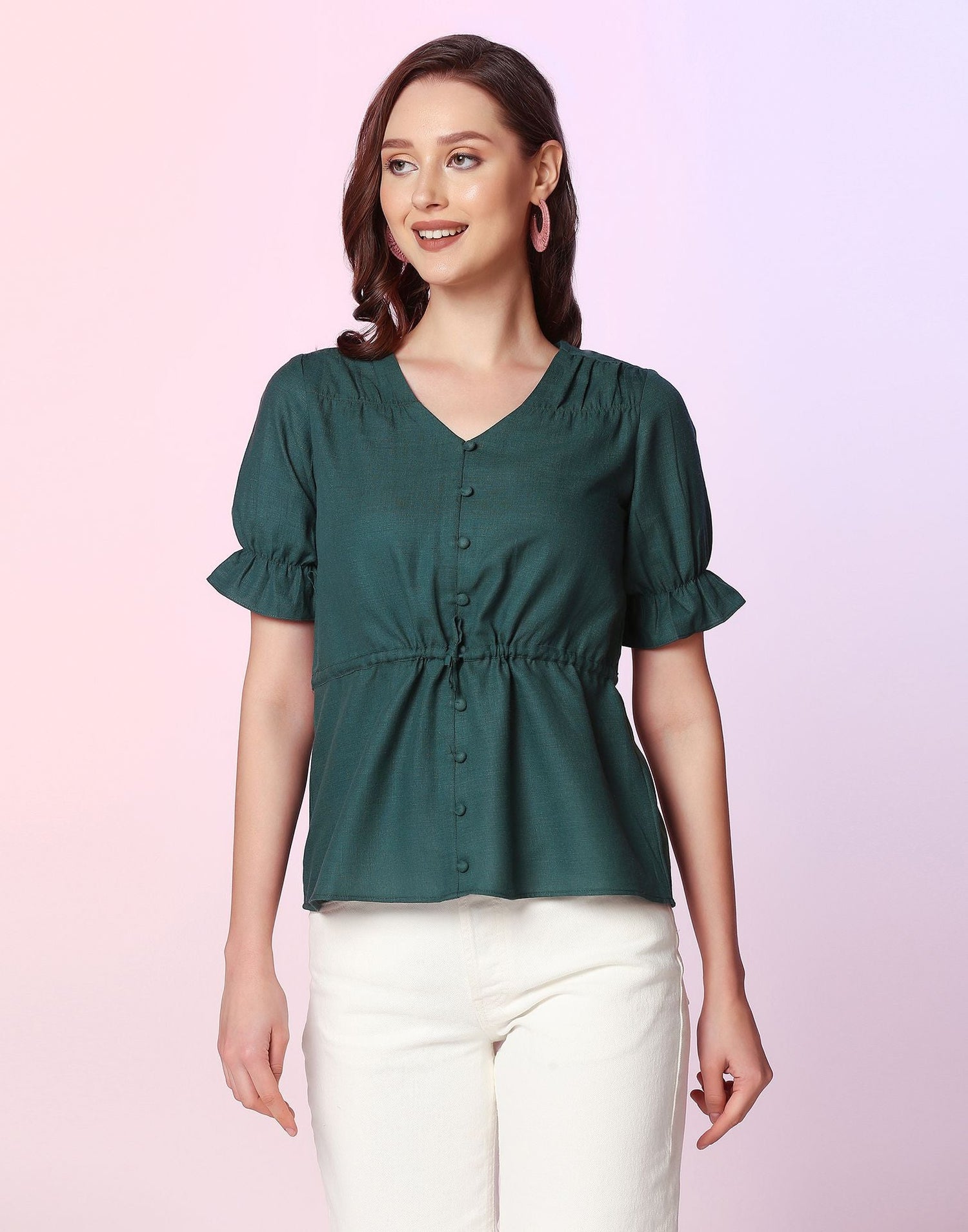 Bottle Green Plain Cotton Tunic Top