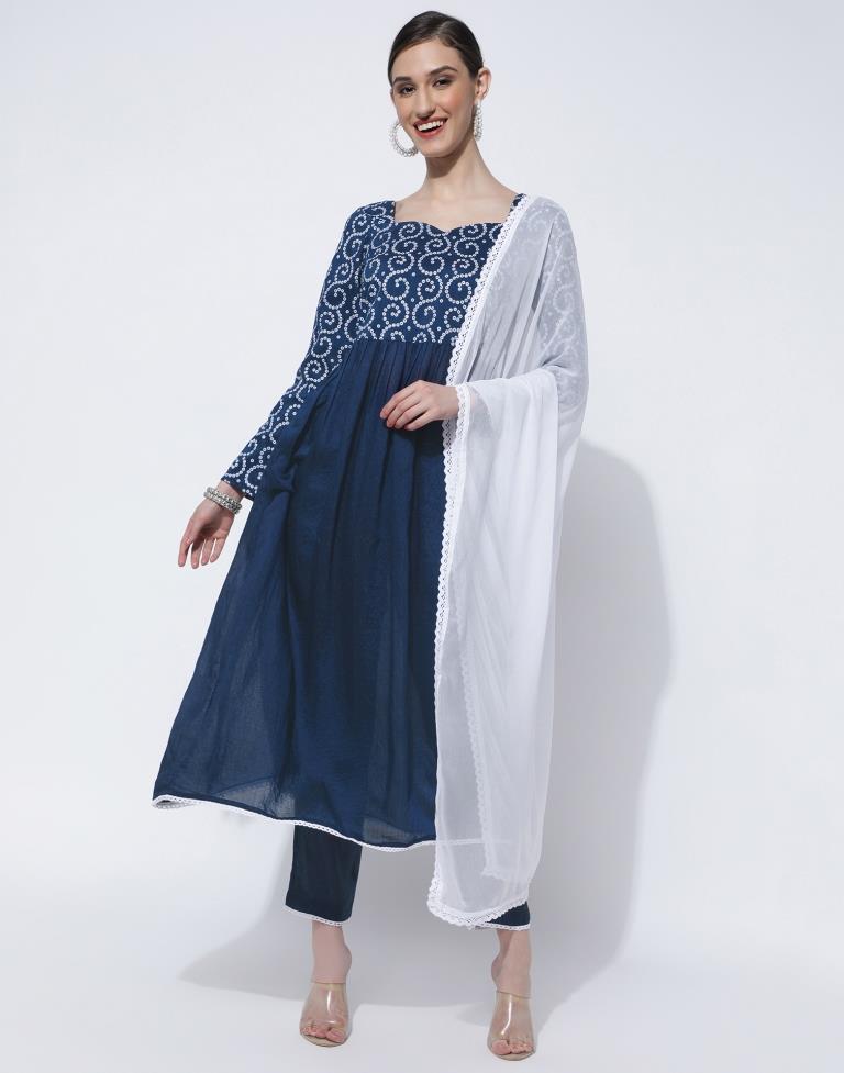 Teal Blue Printed Kurta With Pant And Dupatta