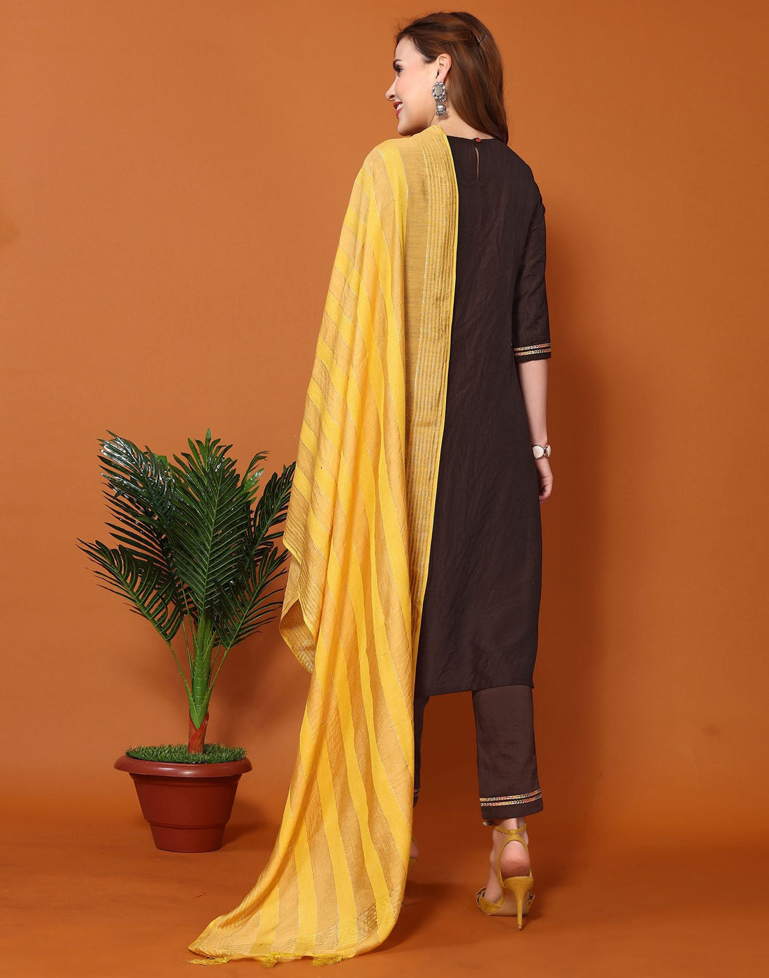 Brown Embroidery Chinnon Straight Kurta With Pant And Dupatta