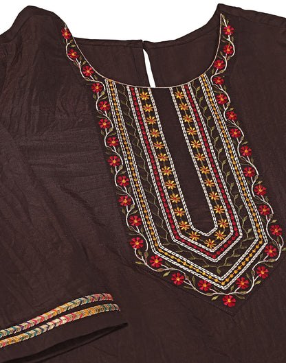 Brown Embroidery Chinnon Straight Kurta With Pant And Dupatta