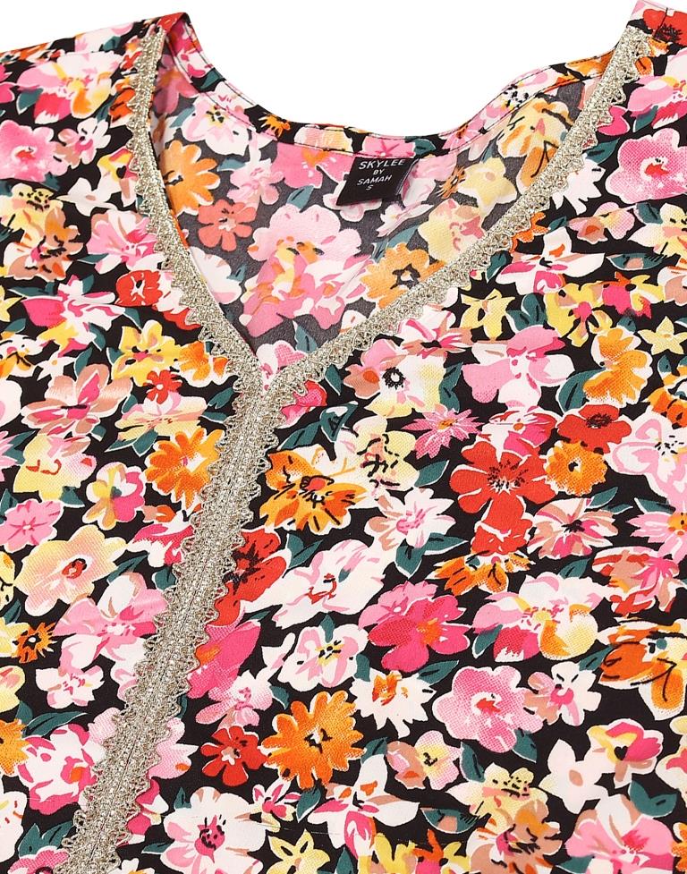 Multicoloured Printed Flared Kurta Kurti With Pant And Dupatta | Leemboodi