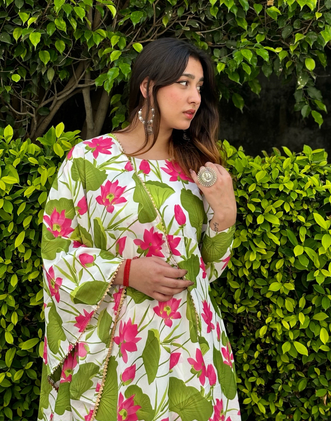 Multicoloured Printed Silk Gown Kurta With Dupatta