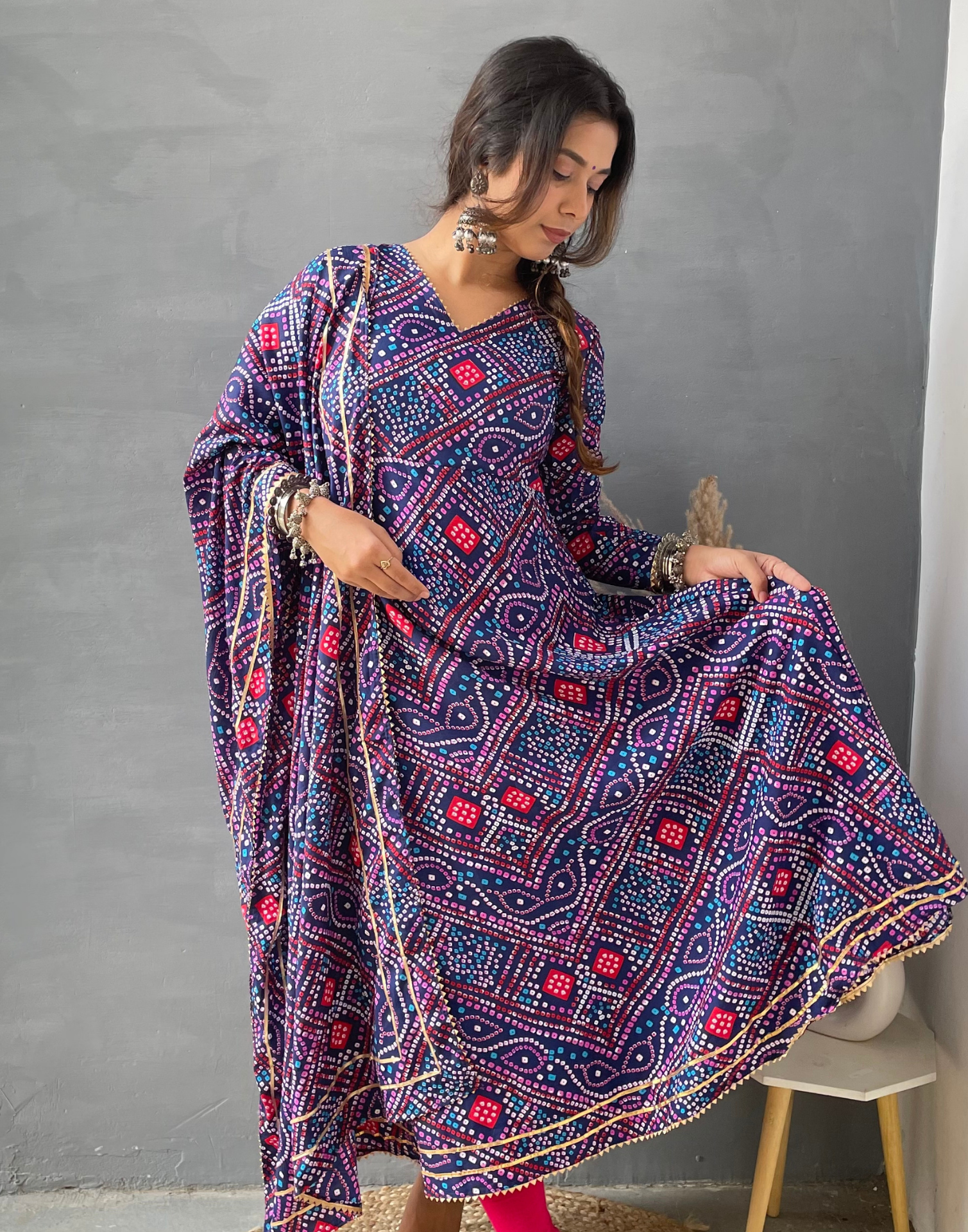 Navy Blue Printed Georgette Flared Kurta With Dupatta