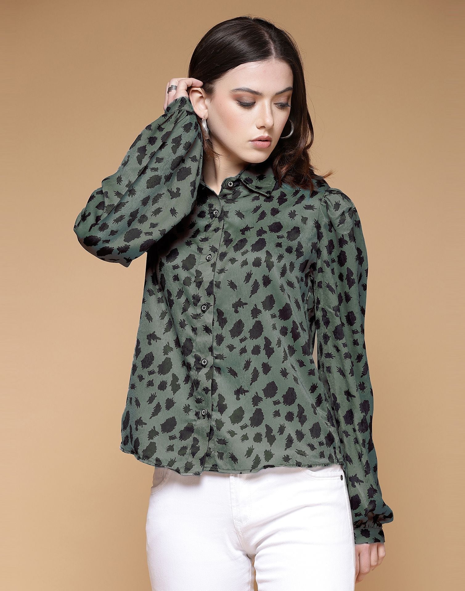 Dusty Green Printed Silk Shirt