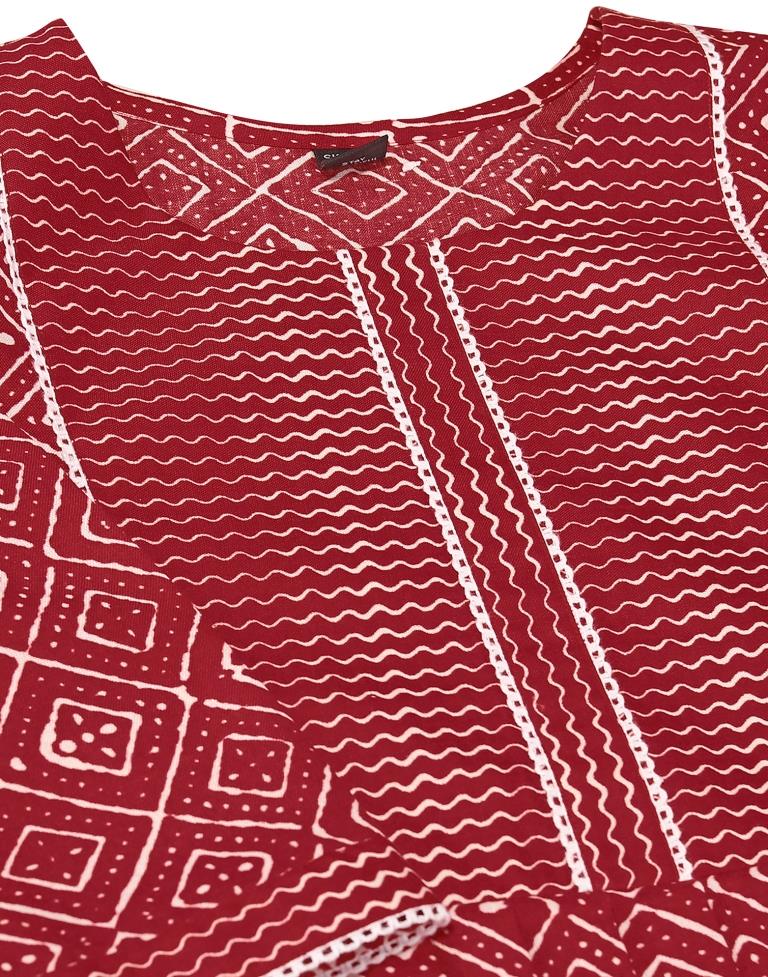 Red Printed Straight Kurta Kurti With Pant And Dupatta | Leemboodi