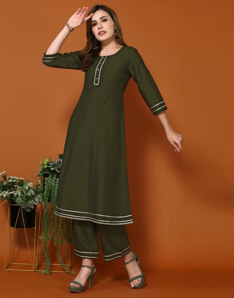 Mehndi Green Silk Plain A-Line Kurta Kurti With Pant And Dupatta | Leemboodi