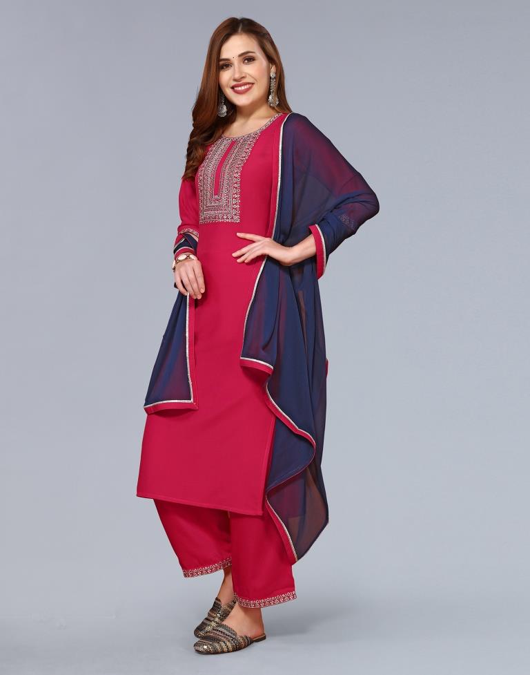 Pink Embroidery Chinnon Straight Kurta With Pant And Dupatta