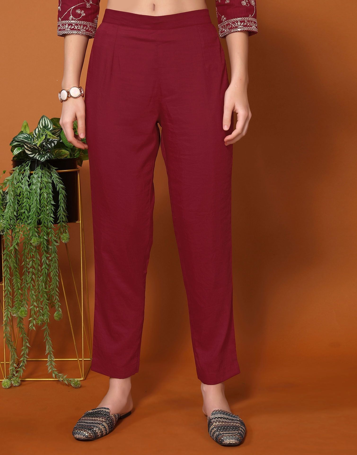Buy Women trouser pant cotton blend fabric maroon color Online In India At  Discounted Prices