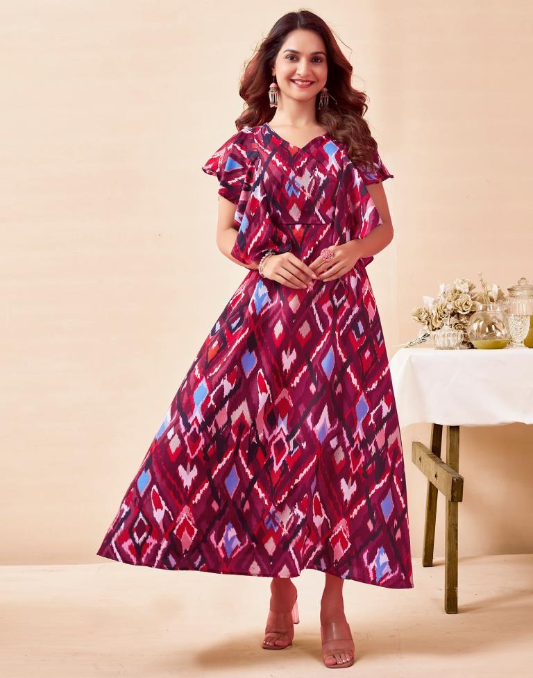 Wine Rayon Printed Flared Dress