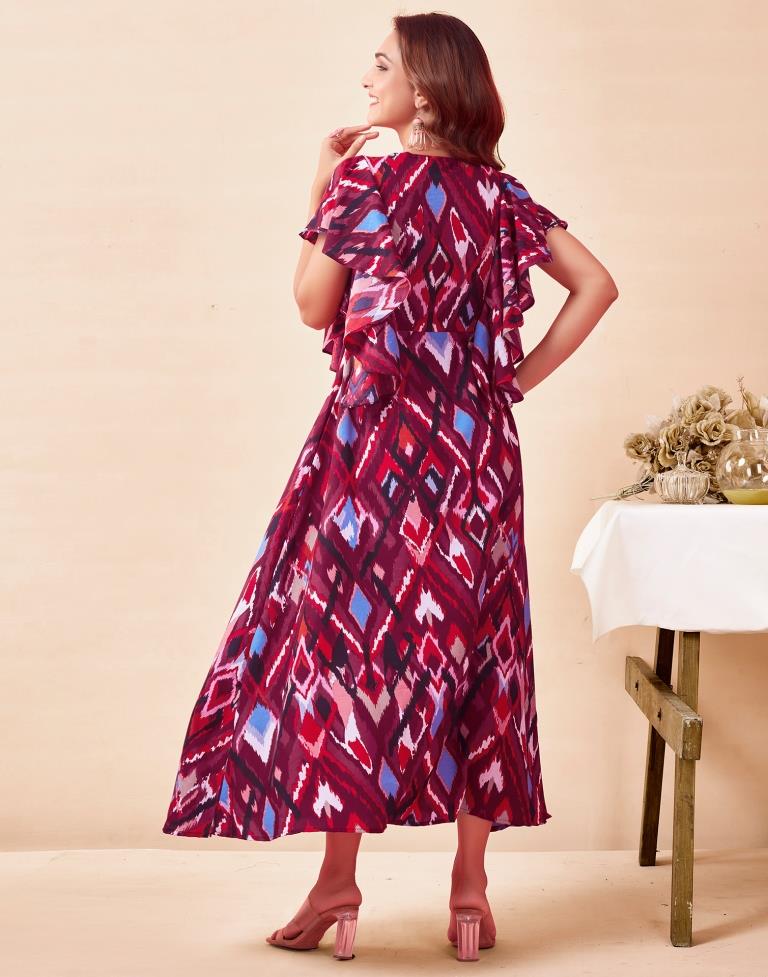 Wine Rayon Printed Flared Dress