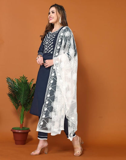 Navy Blue Embroidery Cotton Straight kurta With Pant And Dupatta