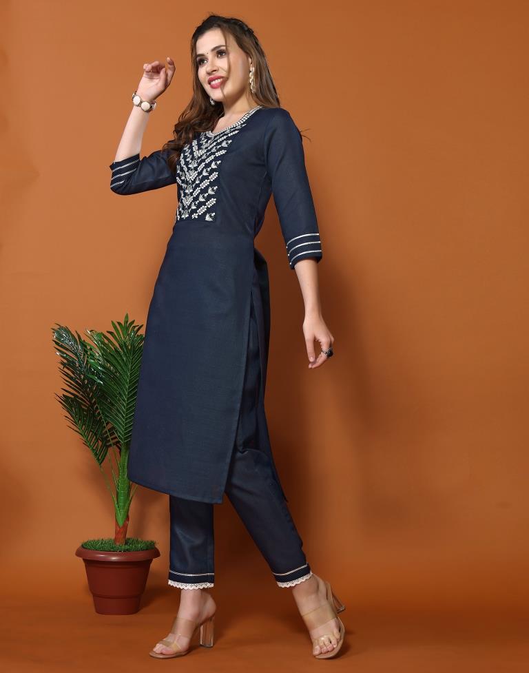 Navy Blue Embroidery Cotton Straight kurta With Pant And Dupatta