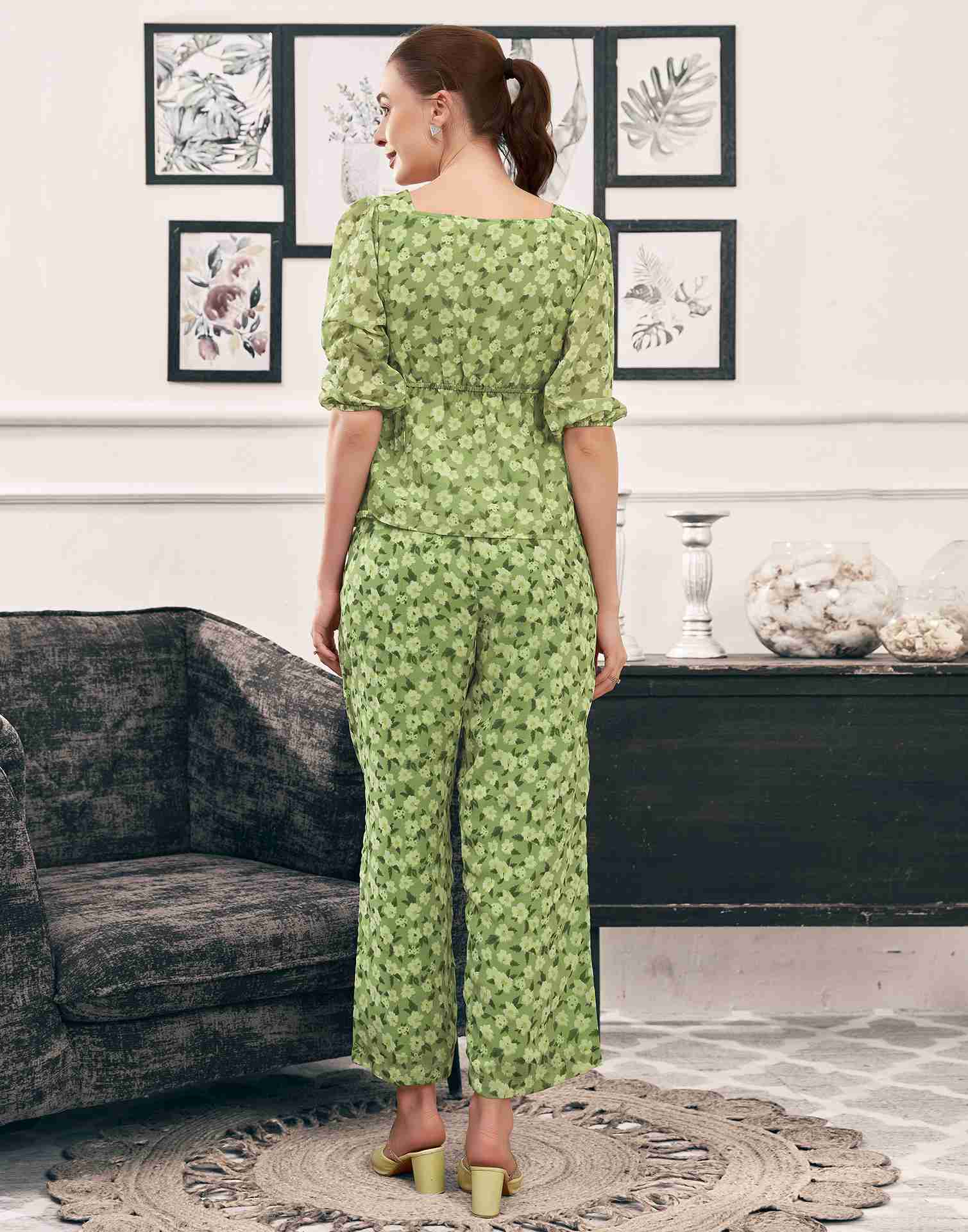 Pista Green Georgette Printed Co-ord Set