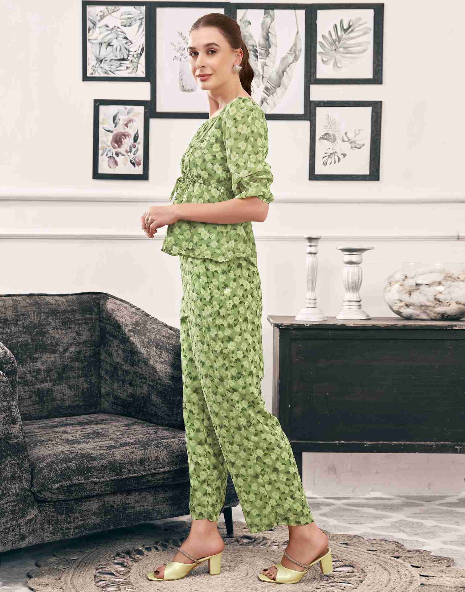 Pista Green Georgette Printed Co-ord Set