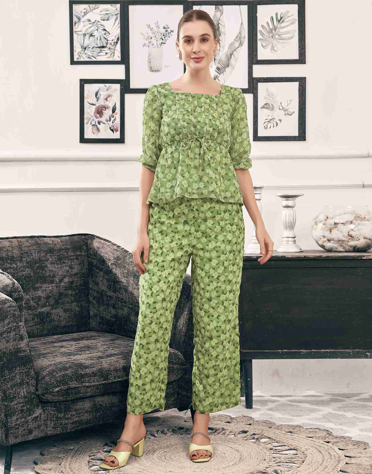 Pista Green Georgette Printed Co-ord Set