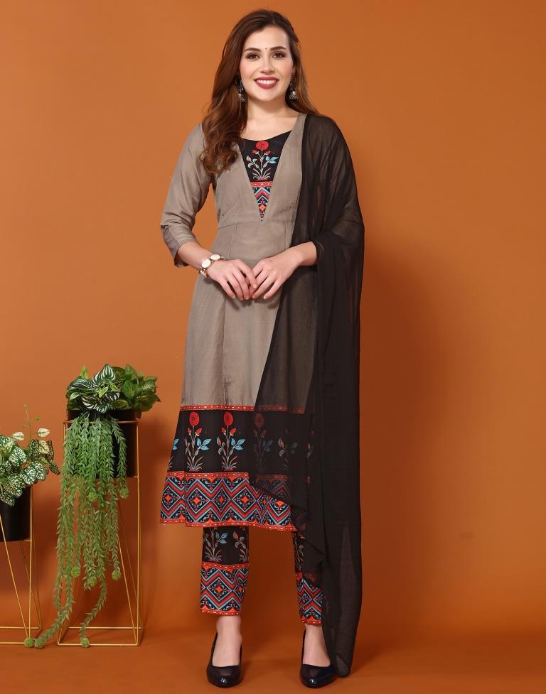 Grey Chinnon Printed A-Line Kurta Kurti With Pant And Dupatta | Leemboodi