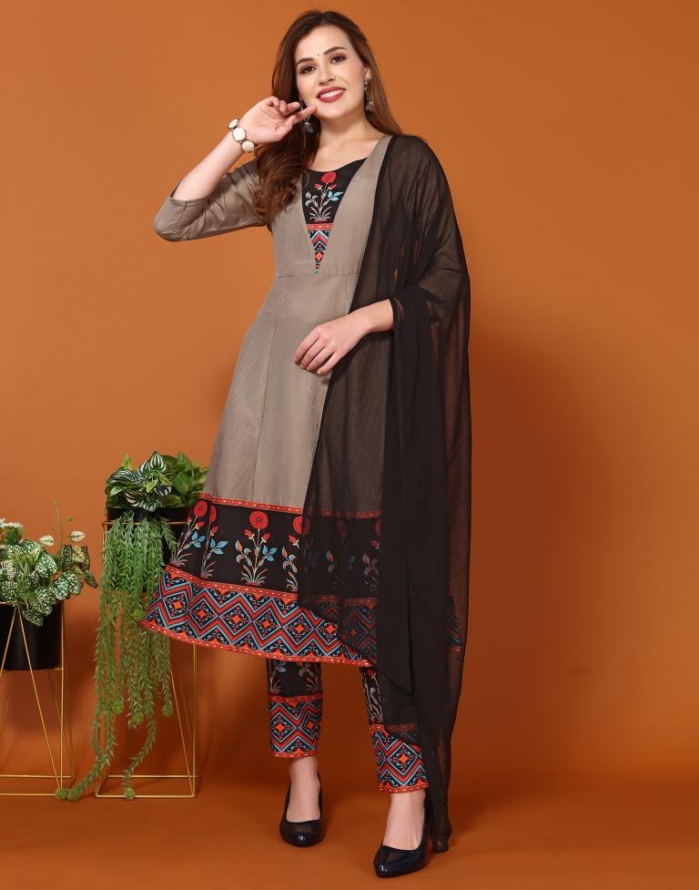 Grey Chinnon Printed A-Line Kurta Kurti With Pant And Dupatta | Leemboodi