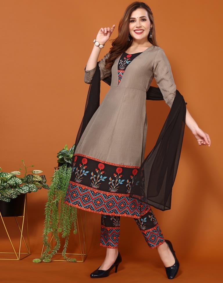 Grey Chinnon Printed A-Line Kurta Kurti With Pant And Dupatta | Leemboodi